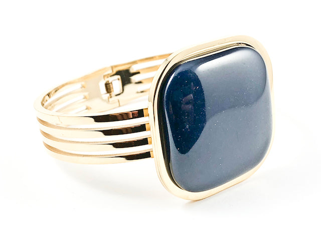 Nice Large Center Rectangle Shape Dark Blue Color Stone Gold Tone Steel Bracelet Bangle