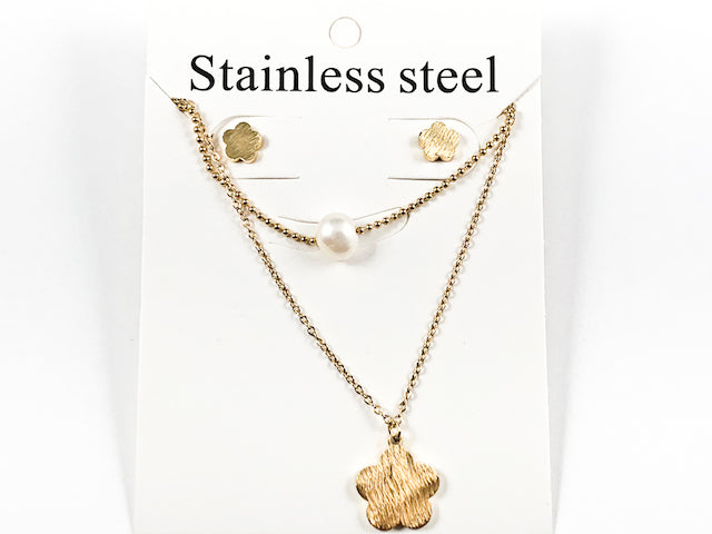 Unique Layered Design Pearl & Star Shape Brushed Finish Gold Tone Necklace & Earring Steel Set