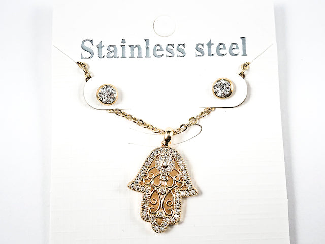 Nice Open Mosaic Hamsa Hand Design Gold Tone Necklace Charm & Crystal Earring Necklace Steel Set