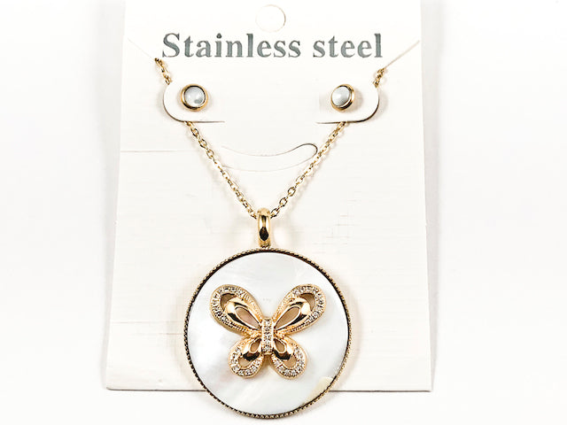 Nice Round Mother Of Pearl Disc With Butterfly Charm Long Gold Tone Earring Necklace Steel Set