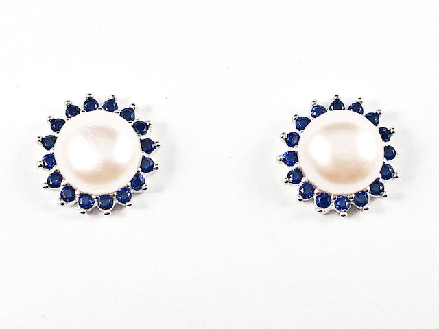 Beautiful Center Pearl With Pear Shape Cut Sapphire Color CZ Frame Silver Stud Earrings