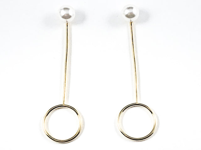 Simple Elegant Pearl With Circle Drop Long Gold Tone Silver Earrings