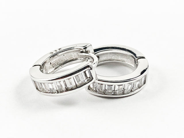 Elegant Micro Baguette CZ Setting Huggie Style Silver Earrings
