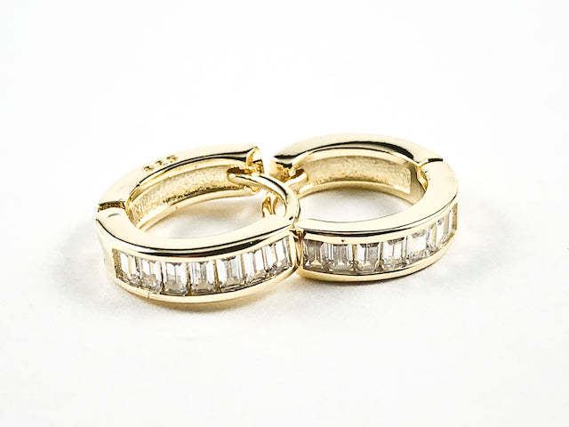 Elegant Micro Baguette CZ Setting Huggie Style Gold Tone Silver Earrings