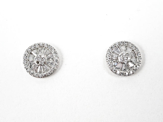 Classic Round Disc Micro Baguette & Mix CZ Setting Silver Stud Earrings