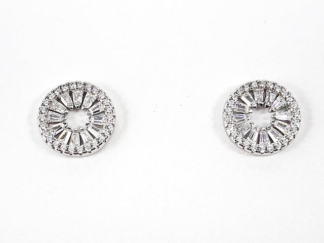 Classic Elegant Round Shape From Baguette CZ Open Center Silver Stud Earrings