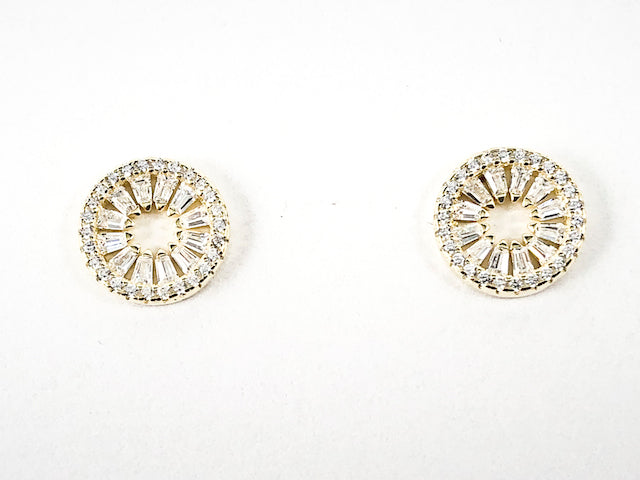 Classic Elegant Round Shape From Baguette CZ Open Center Gold Tone Silver Stud Earrings