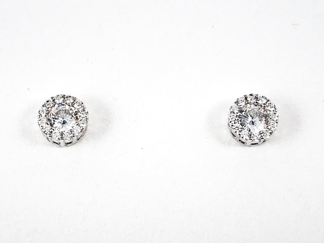 Classic Dainty Round Micro Halo CZ Silver Stud Earrings