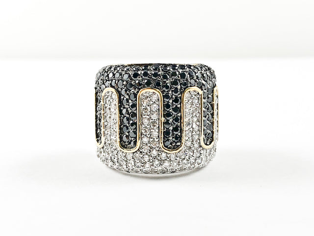 Fancy Elegant Black & Clear Color Micro Pave CZ Design Thick Silver Ring