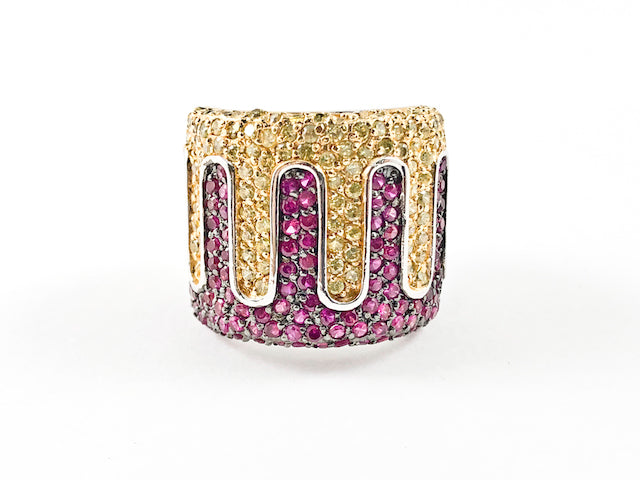 Fancy Elegant Yellow & Fuchsia Color Micro Pave CZ Design Thick Silver Ring