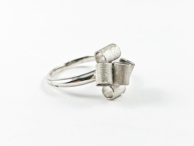 Unique Multi Geometric Brushed Cylinders Dainty Silver Ring