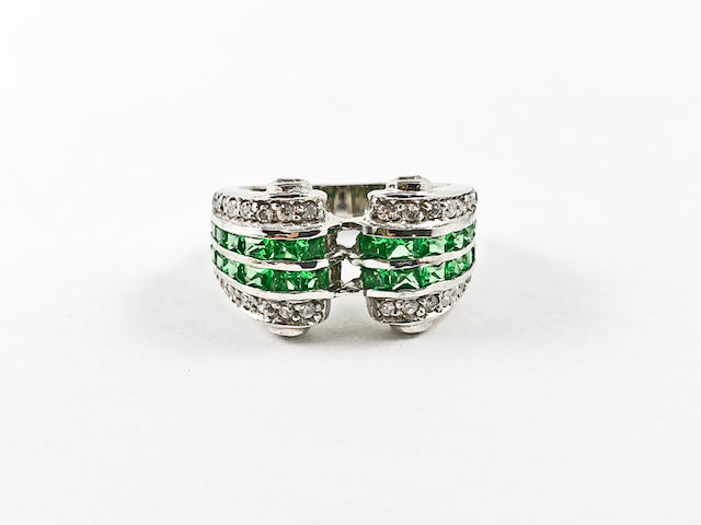 Elegant Unique Scroll Design Green Color CZ Silver Ring