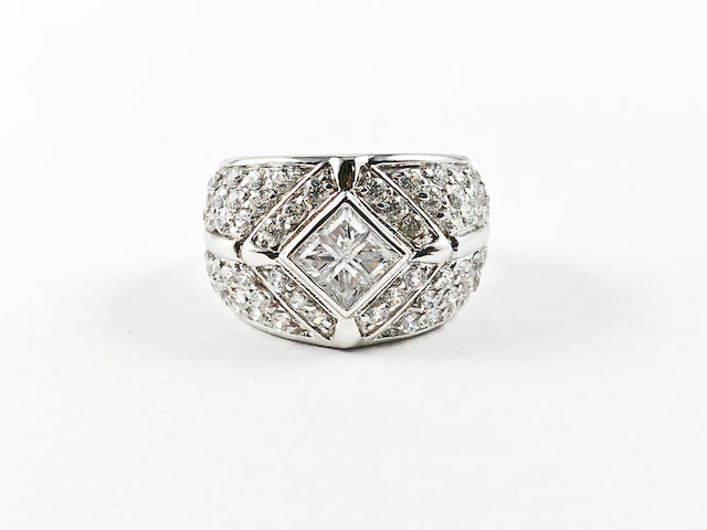 Beautiful Center Diamond Shape CZ Window Design Micro CZ Band Silver Ring