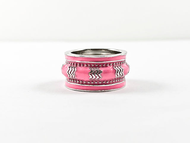 Unique Pink Enamel Curved Eternity Band Silver Ring