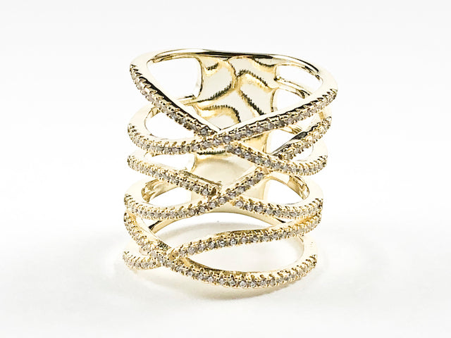 Elegant Multi Level X Crossover CZ Design Thick Gold Tone Silver Ring