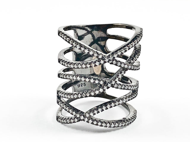 Elegant Multi Level X Crossover CZ Design Thick Black Rhodium Tone Silver Ring