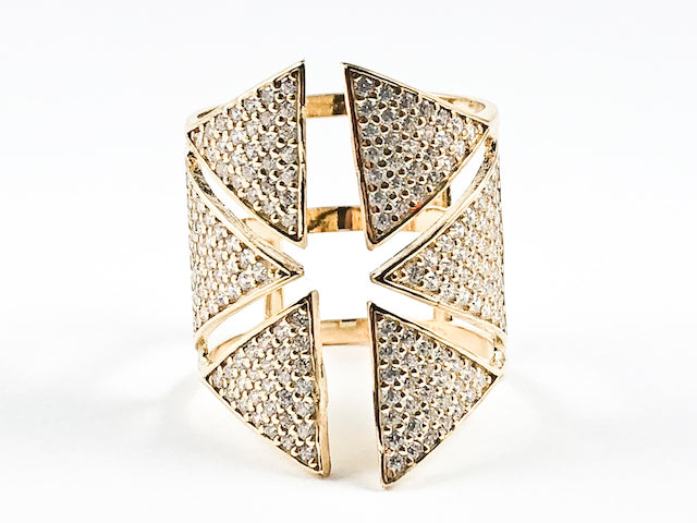 Elegant Multi Triangle Open Pattern Micro CZ Setting Gold Tone Silver Ring