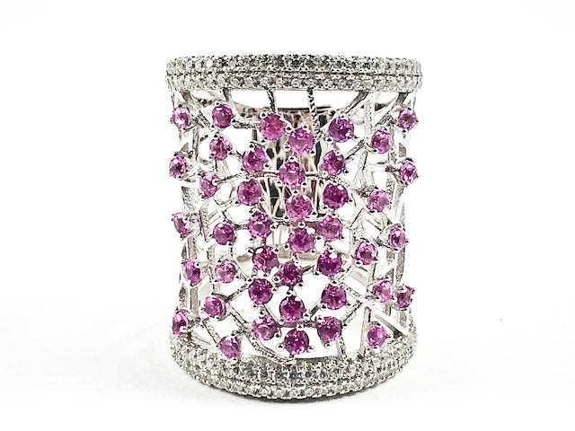 Elegant Long Rectangle Shape Open Fuchsia Color CZ Scattered Pattern Silver Ring