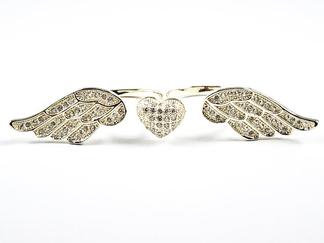 Unique Center Heart With Wings Pave Style CZ Gold Tone Two Finger Silver Ring
