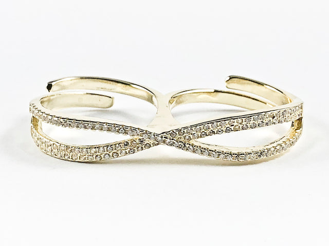 Elegant Cross Over Style Design CZ Two Finger Style Gold Tone Silver Ring