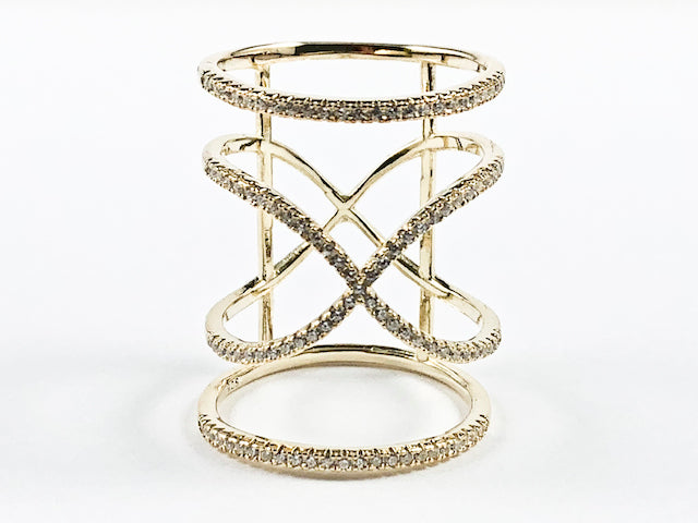 Elegant Large Open Thin CZ Setting Center Cross Over Design Gold Tone Silver Ring