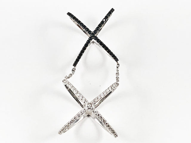 Unique Double Top & Bottom X Shape & Form Black & Clear CZ Silver Ring