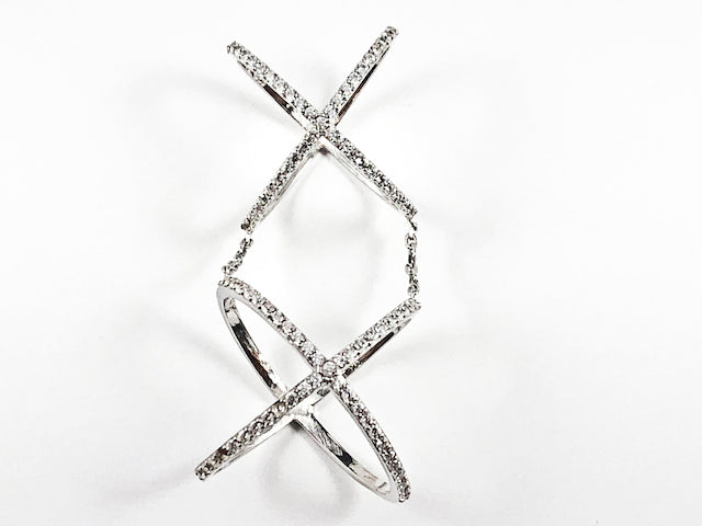 Unique Double Top & Bottom X Shape & Form CZ Silver Ring