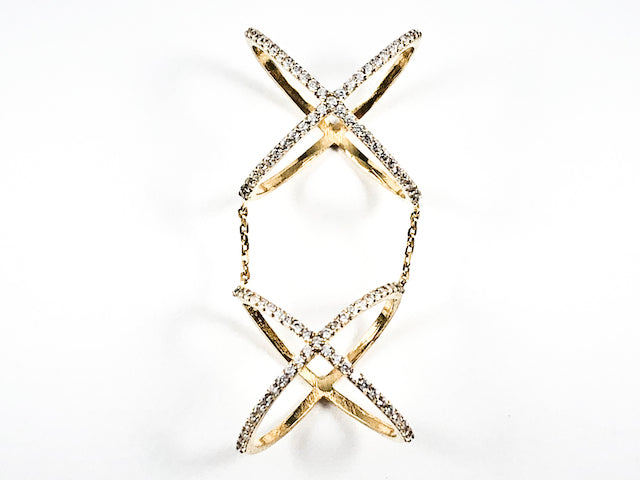 Unique Double Top & Bottom X Shape & Form CZ Gold Tone Silver Ring