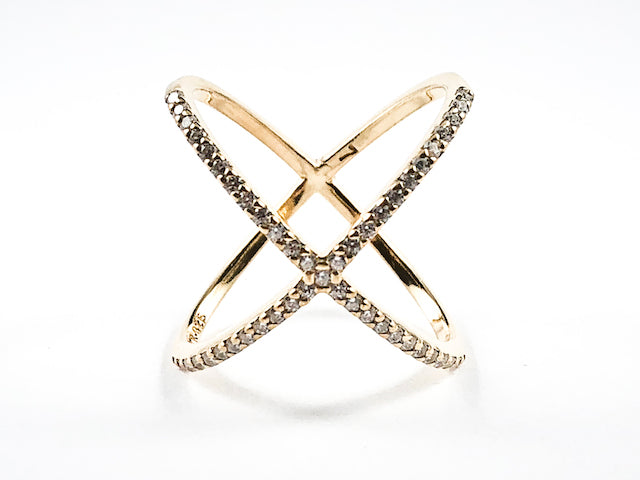 Elegant Large X Shape & Form Open CZ Gold Tone Silver Ring