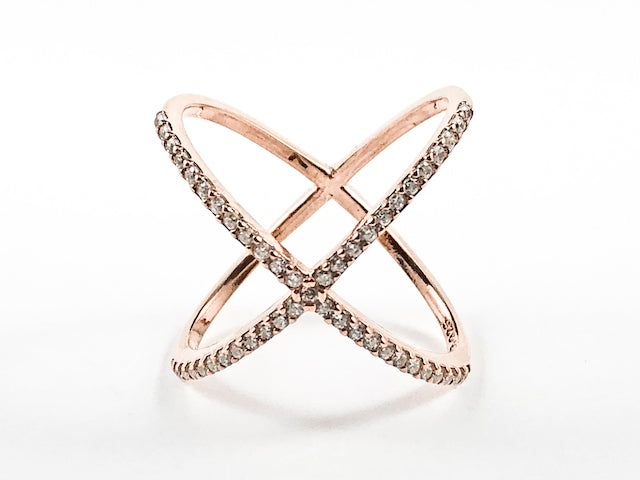 Elegant Large X Shape & Form Open CZ Pink Gold Tone Silver Ring