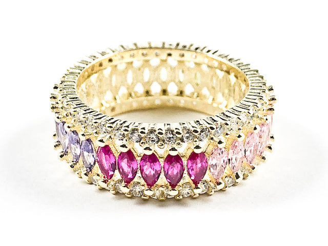 Elegant Multi Color Large Marquise Shape CZ Middle Row Eternity Gold Tone Silver Ring
