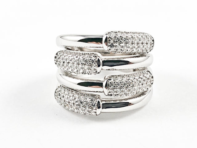 Beautiful Half Shiny Metallic Half Micro CZ Bar Design Pattern Thick Silver Ring