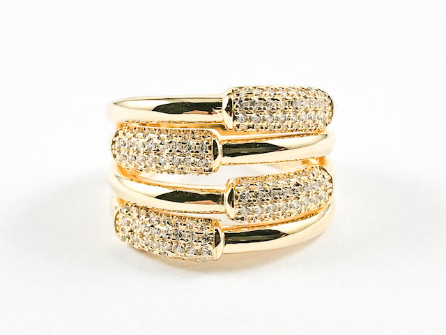 Beautiful Half Shiny Metallic Half Micro CZ Bar Design Pattern Thick Gold Tone Silver Ring