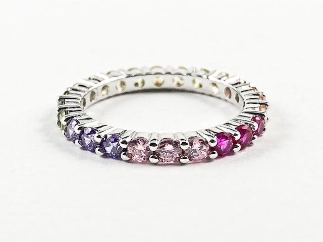 Beautiful Multi Color Round Cut Multi Color Row CZ Silver Eternity Band Ring