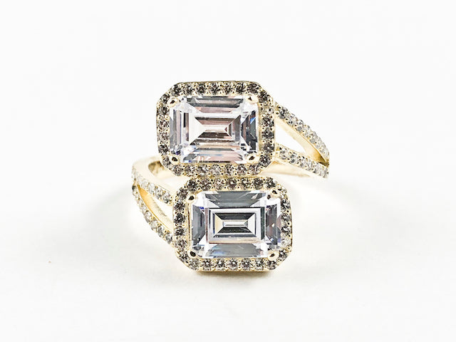Elegant Duo Rectangle Shape CZ Gold Tone Silver Ring