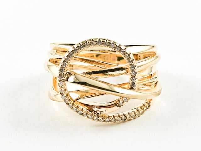 Elegant Multi Layer Crossover With Center CZ Circle Swirl Design Gold Tone Silver Ring