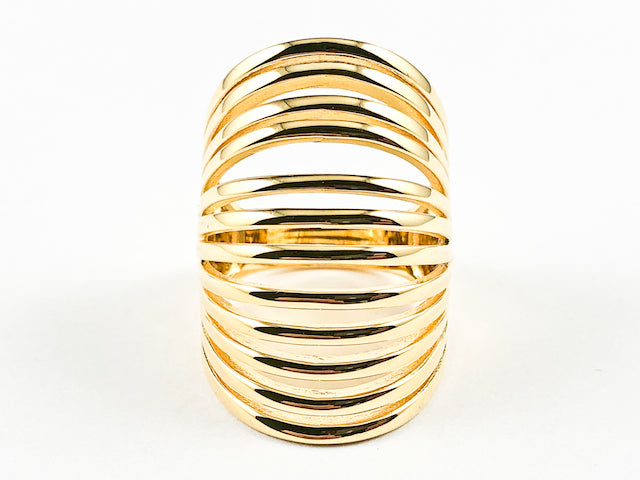 Elegant Long Elongated Multi Row & Layer Design Shiny Gold Tone Silver Ring