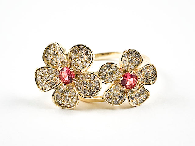Elegant Cute Double Flower Micro CZ With Center Ruby Color CZ Gold Tone Silver Ring