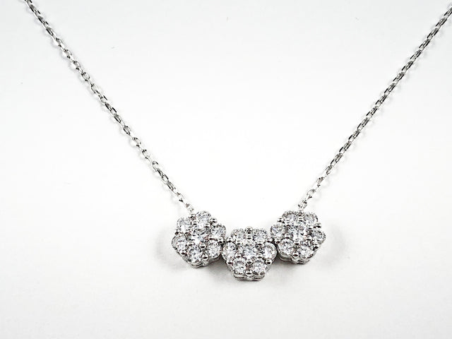 Elegant Three Piece Round Floral Design Pendant Charm CZ Silver Necklace.
