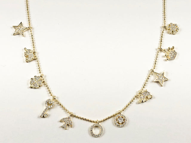 Elegant Cute Multi Mix Design Dangling Charm CZ Gold Tone Silver Necklace