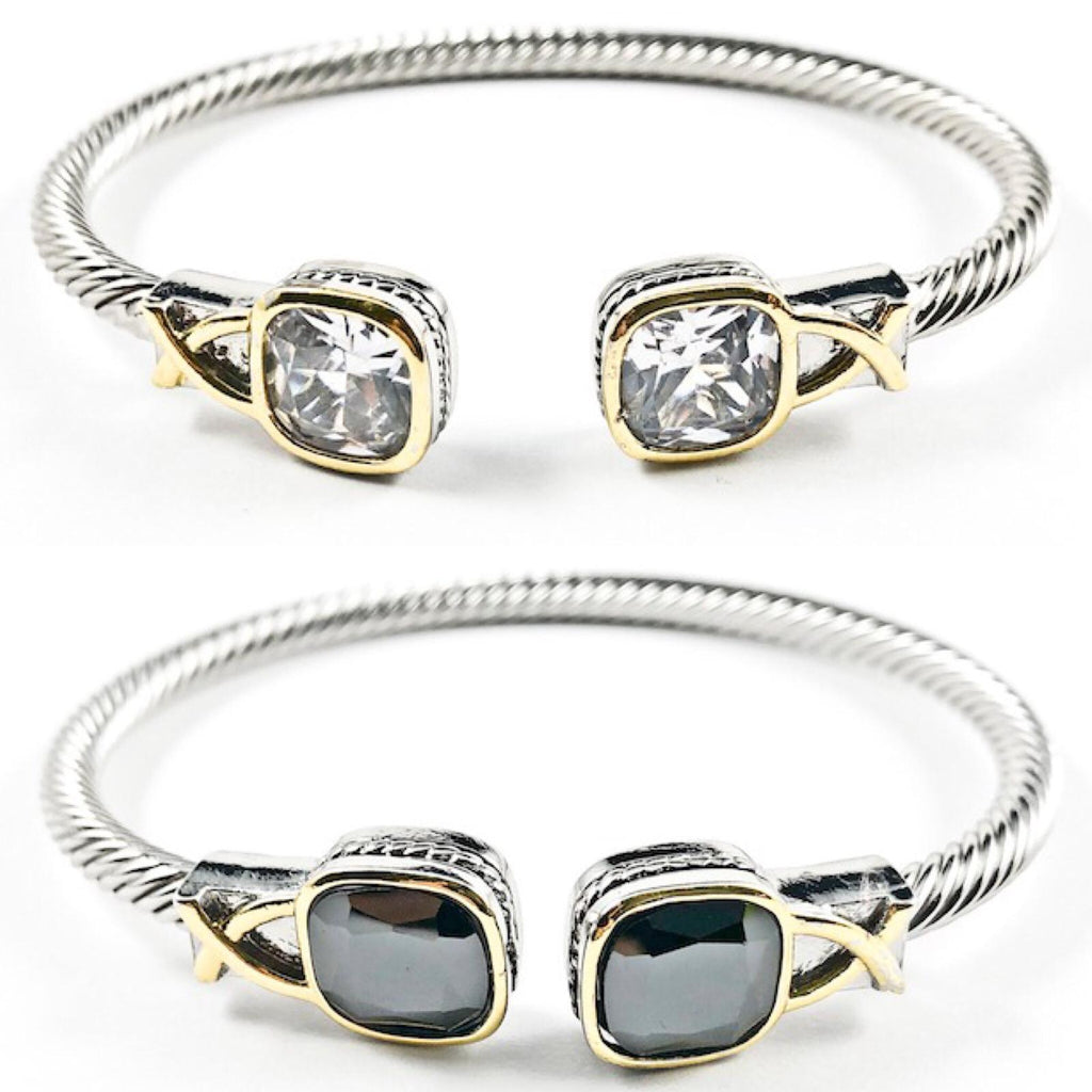 Elegant Wire Band Texture Square Cut CZ Duo End Two Tone Style Brass Bangle