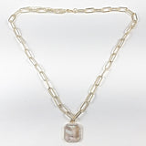 Elegant Link Square Mother Of Pearl Dangle Pendant Gold Tone Brass Necklace