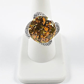 Large Center Round Citrine CZ Silver Ring
