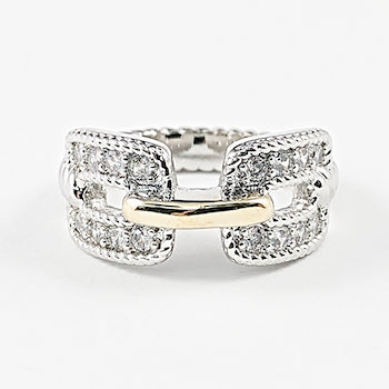 Elegant Rectangular Linked Two Tone CZ Brass Ring