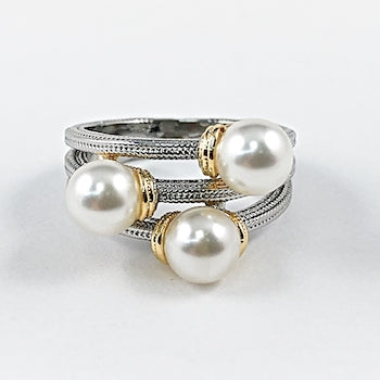 Beautiful Multi Row & Pearl Two Tone Textured Brass Ring