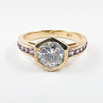 Elegant Solitaire Center Bezel CZ Purple Band CZ Gold Tone Silver Ring