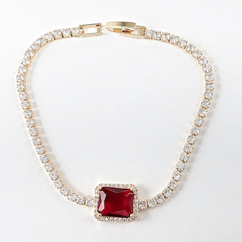 Beautiful center rectangle red cz tennis gold tone brass bracelet