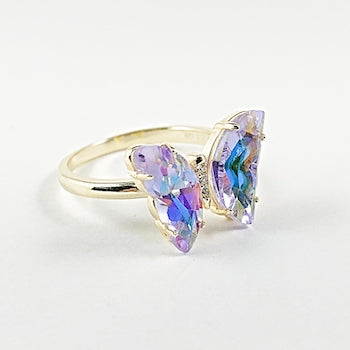Elegant purple color cz butterfly gold tone silver ring