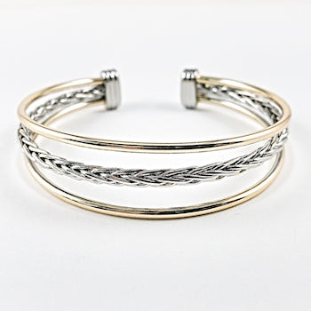 Elegant multi row open design two tone brass bangle
