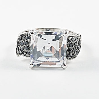 Beautiful Square Solitaire Style Black CZ Silver Ring